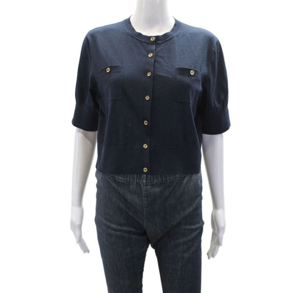 Scanlan Theodore Womens Button Front Short Sleeve Cardigan Sweater Navy Large